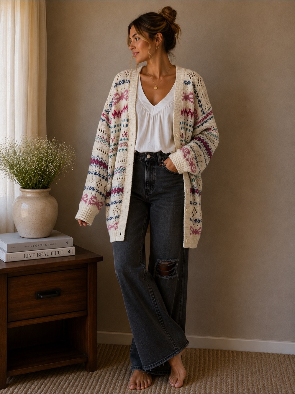 Vintage Van Heusen Hand Knit Fair Isle Cardigan Grannycore Cozy Sweater